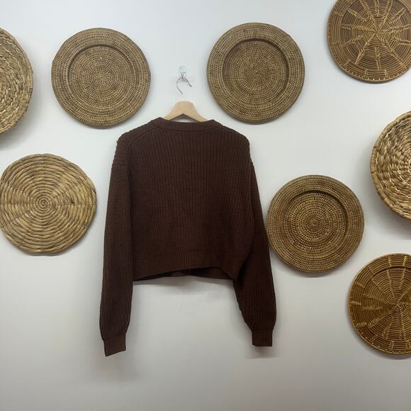 Aritzia Wilfred Chocolate Brown Chunky Knit Cropped Crop Sweater XS Minimalist - Picture 2 of 6